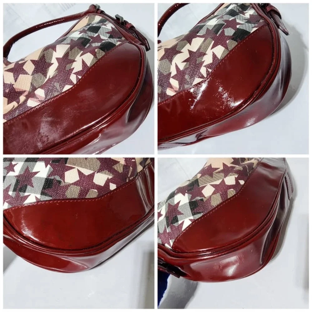 Authentic Burberry Nova Check Berry Red Star Small Hernville Hobo Bag Burgundy